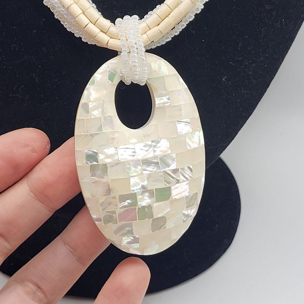 Chunky Bohemian Abalone Mother of Pearl Large Pendant Necklace 17.5in